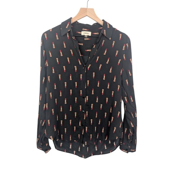L'AGENCE | Holly Lipstick Print Long Sleeve Button Front Blouse | Small | Black - Picture 3 of 11